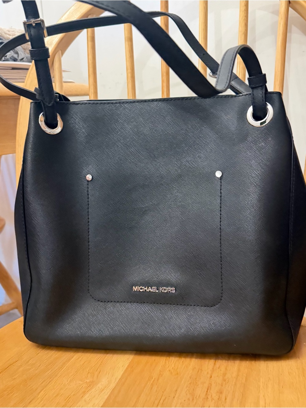 Michael Kors Black Saffiano Leather Shoulder Bag with Silver Hardware